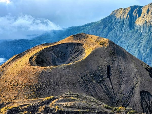 Mount Meru's ash cone in late golden light.