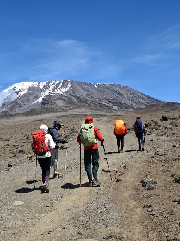 Trekkers and a porter crossing the alpine desert of the Saddle with the snow-streaked Kibo cone ahead.