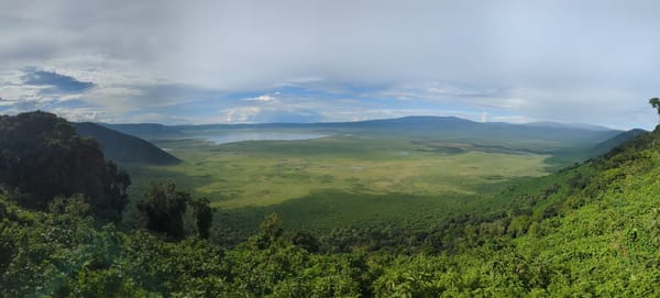 Panorama from the Ngorongoro rim looking down to the crater lake.